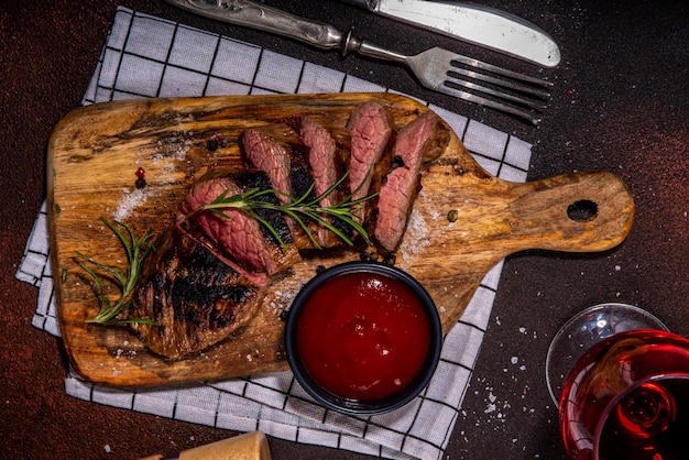 Grilled meat steak on dark table