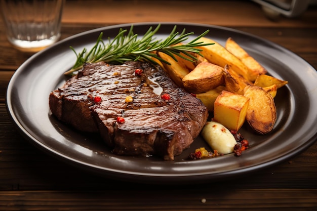 Grilled meat steak with fried potatoes and rosemary in plate on wooden background