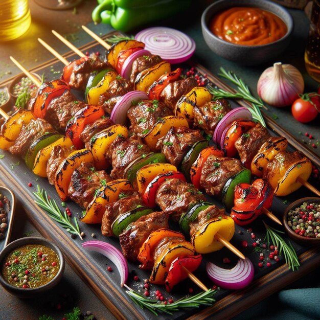 Grilled meat and vegetable kebabs on the white plate