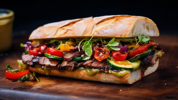 grilled meat and vegetable sandwich on ciabatta with home