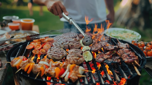 Grilled meat and vegetables outdoors Selective focus