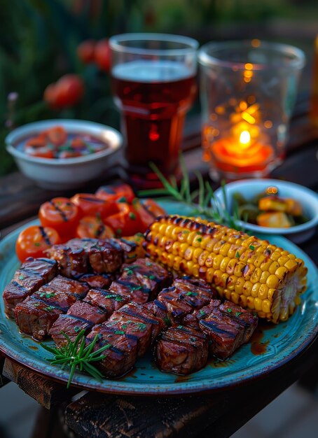 Photo grilled meat and vegetables on plate beer and candles in the background