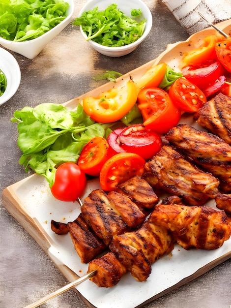 grilled meat and vegetables on a plate with skewers