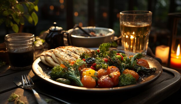 Photo grilled meat and vegetables on a rustic plate generated by artificial intelligence