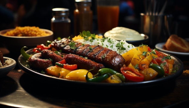 Grilled meat and vegetables on a rustic plate generated by artificial intelligence