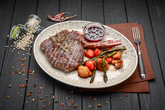 Photo grilled meat and vegetables on rustic wooden table