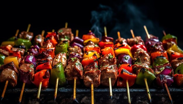 Grilled meat and vegetables on skewers delicious meal generated by AI