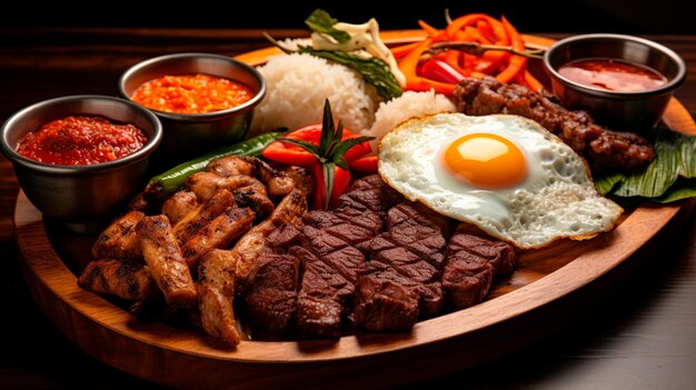 Photo grilled meat and vegetables on the wooden plate