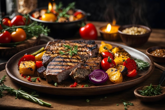 Grilled meat and veggies on rustic plate