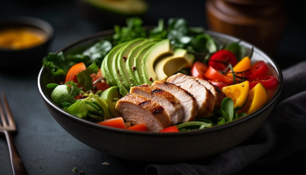 Grilled meat and veggies on wooden plate generated by AI