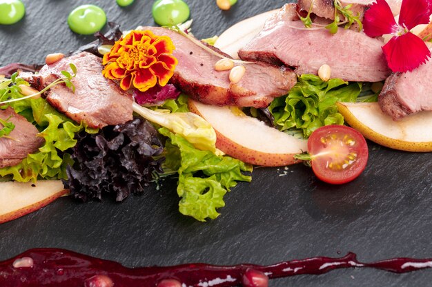grilled meat with beef, garnished with tomatoes ,lettuce