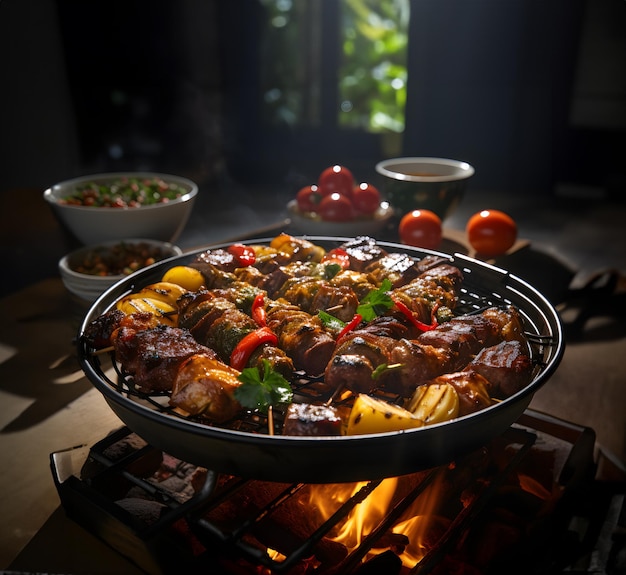 Фото Мясо на гриле с картошкой и пивом на деревянном столе на закате барбекю с вкусной едой
