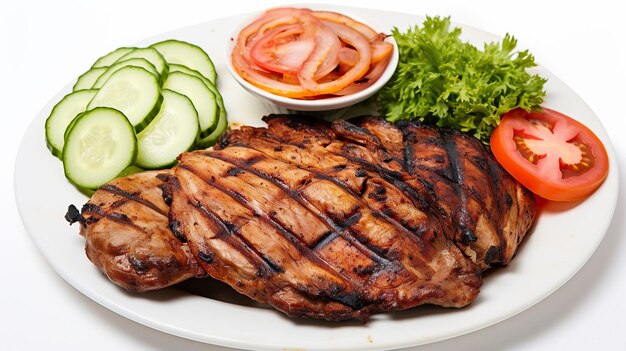 Grilled meat with vegetable salad plated on white background Generative AI