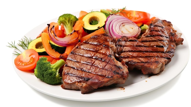 Grilled meat with vegetable salad plated on white background