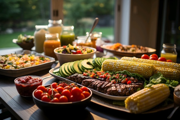 Grilled meat with vegetables and burgers on wooden table