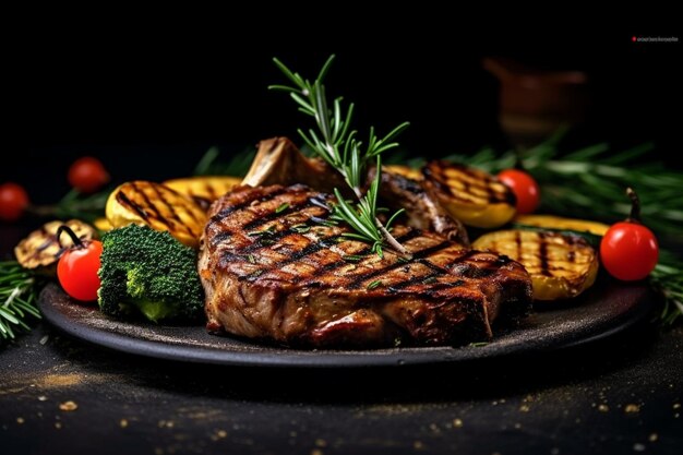 Grilled meat with vegetables spices on a stone plate and wood background selective f Generative AI