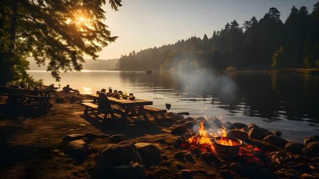 Grilled meat with vegetables and wine on the background of the river Luxury dinner next the lake