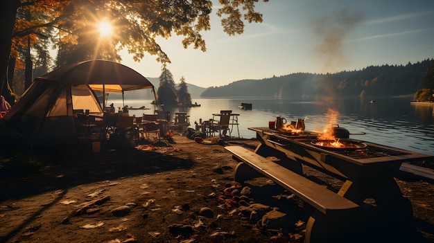 Grilled meat with vegetables and wine on the background of the river Luxury dinner next the lake