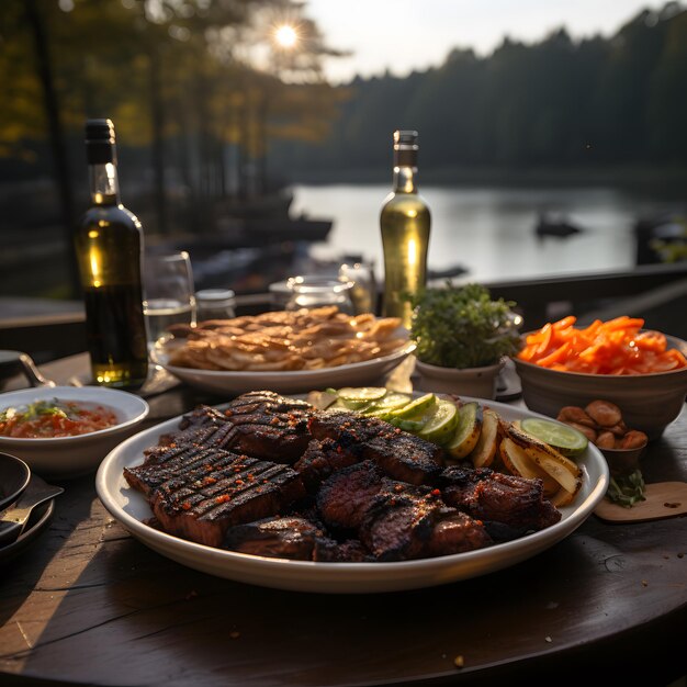 Grilled meat with vegetables and wine on the background of the river Luxury dinner next the lake