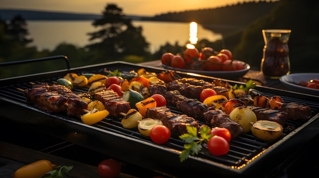 Photo grilled meat with vegetables and wine on the background of the river luxury dinner next the lake