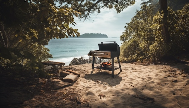 AIによって生成されたキャンプファイヤーによる木のテーブルでの焼き肉