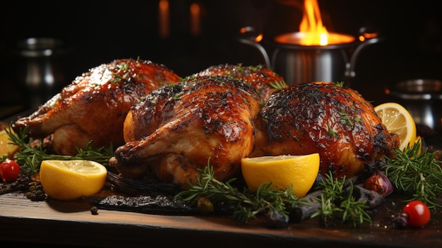 木のテーブルで焼いた肉、鶏もも肉の自家製バーベキューを調理