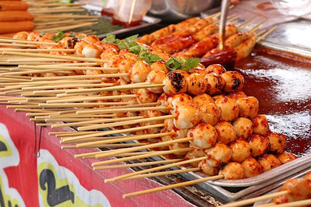 grilled meatballs and sausage at street food