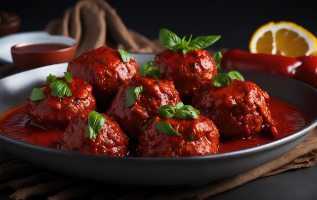 Grilled meatballs with spicy sauce on a plate 3d rendering