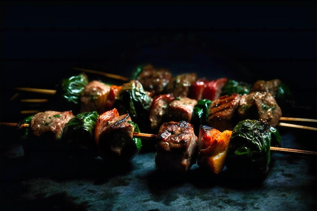 Grilled meats on skewers on a black background