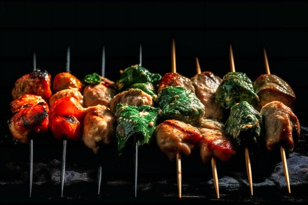 Grilled meats on skewers on a black background