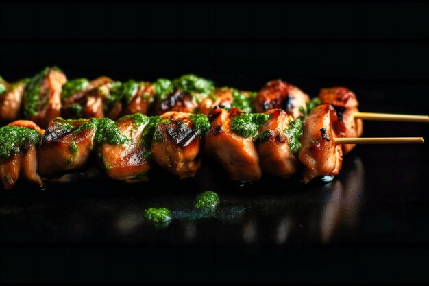 Grilled meats on skewers on a black background