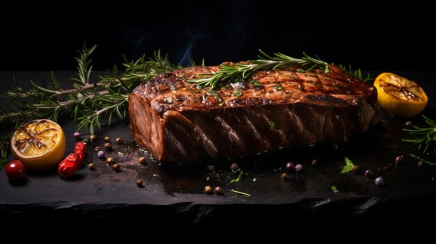 Grilled medium rib eye steak with rosemary and pepperMacroAI Generative AI