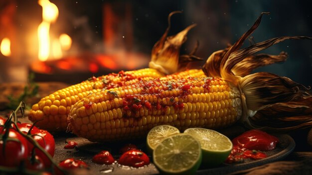 Грилированная мексиканская уличная кукуруза обгоревшие колосья покрыты кислой сливкой с добавлением чили и лайма