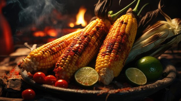 Foto grillate di mais di strada messicano bruciate sono insalate in crema acida aggiunte di peperoncino e lime