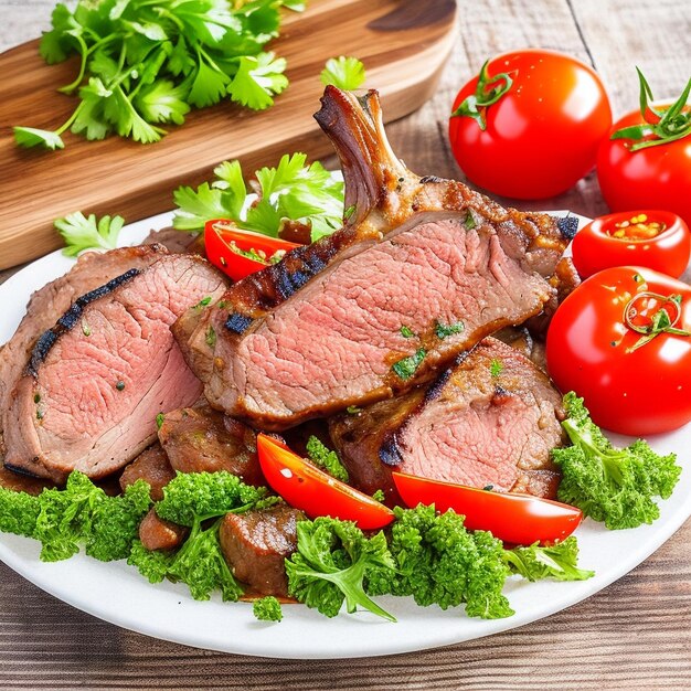 Grilled Mutton leg on a plate With tomatoes