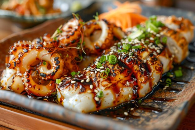 Grilled Octopus Dish with Sesame Seeds and Green Onions on Wooden Plate in Restaurant Setting