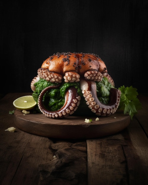 A grilled octopus on a turkey sandwich with a lime wedge on the side.