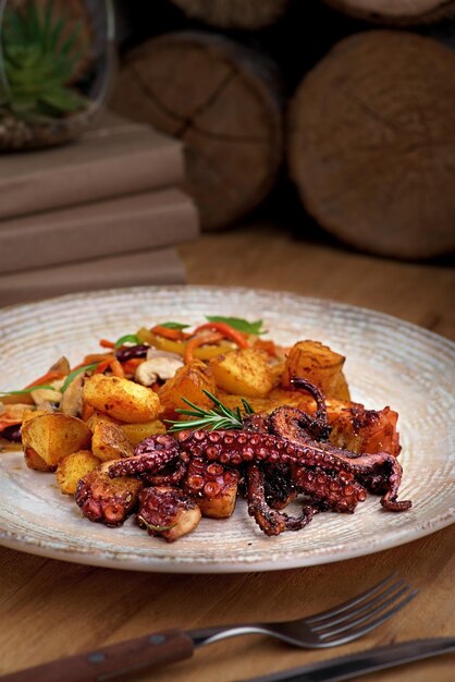 Grilled octopus with small potatoes with herbs and spices