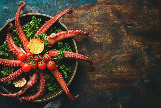 Grilled octopus with vegetables in a round metal form for baking Seafood Top view Flat lay