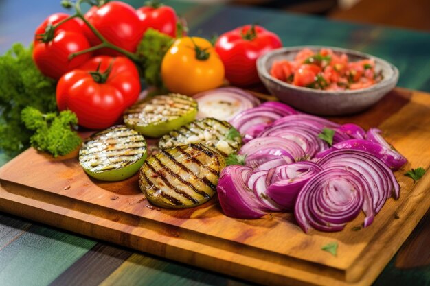 Grilled onion slices next to fresh veggies on a colorful board