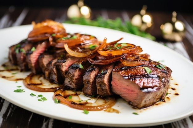 Grilled onion slices served with steak on a white plate