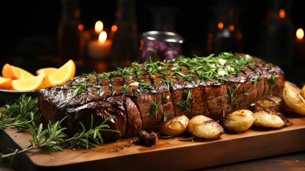 Grilled organic sirloin steak cooked to perfection on rustic