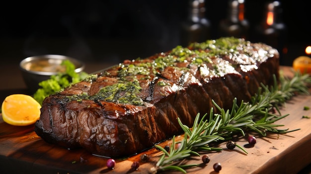 Grilled organic sirloin steak cooked to perfection on rustic