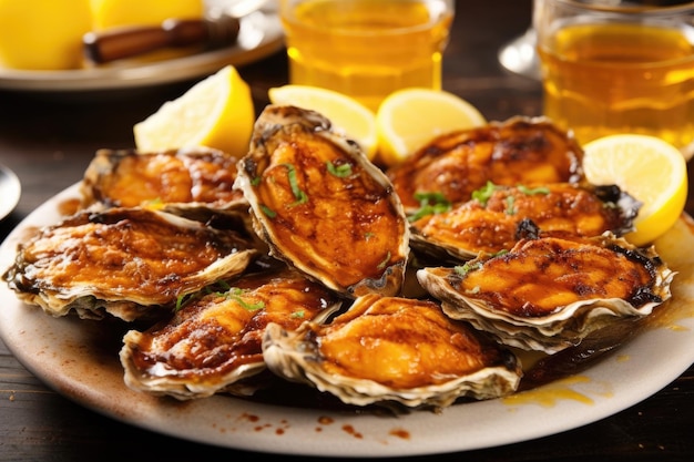 Grilled oysters on a plate with lemon wedges created with generative ai