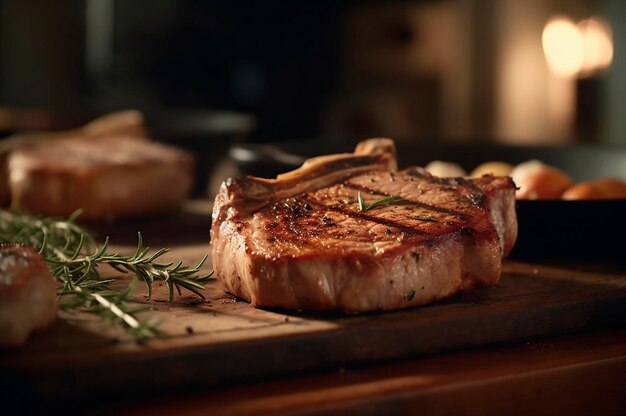 Grilled or pan roasted pork chops on the bone with garlic rosemary and fine herbs AI generated