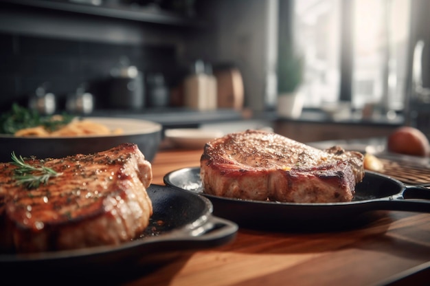 Grilled or pan roasted pork chops on the bone with garlic rosemary and fine herbs AI generated