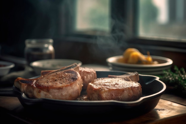 Grilled or pan roasted pork chops on the bone with garlic rosemary and fine herbs AI generated