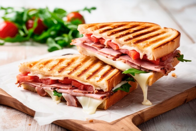 grilled Panini sandwich with ham cheese tomato and arugula on wooden table