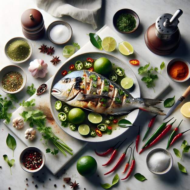 Photo grilled parrotfish meal on marble kitchen counter