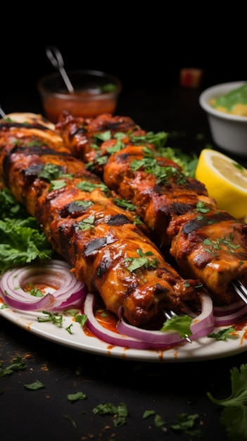 Grilled perfection Side view of chicken kebab in lavash with herbs onion and adjika sauce Vertical